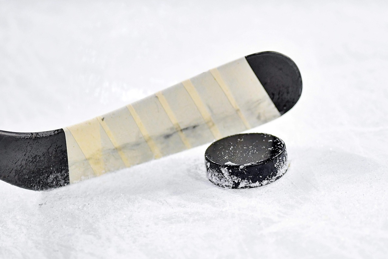 Photo of an ice hockey puck being hit by a stick.