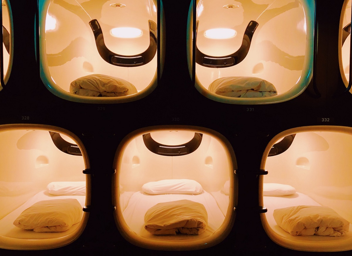 Photo of a capsule hotel in Japan.