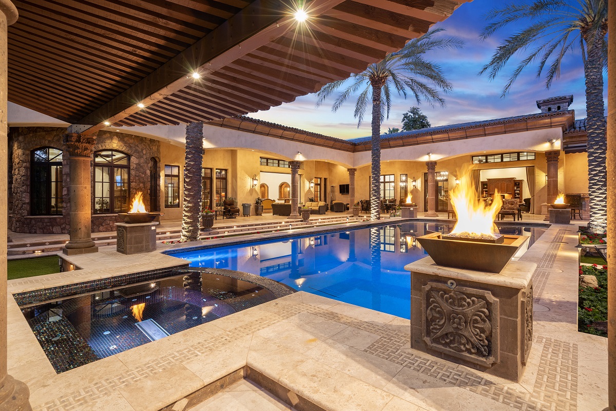 A resort backyard and pool.