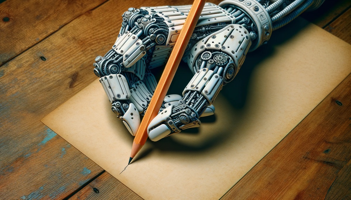 An AI-powered robot arm writes with a pencil.