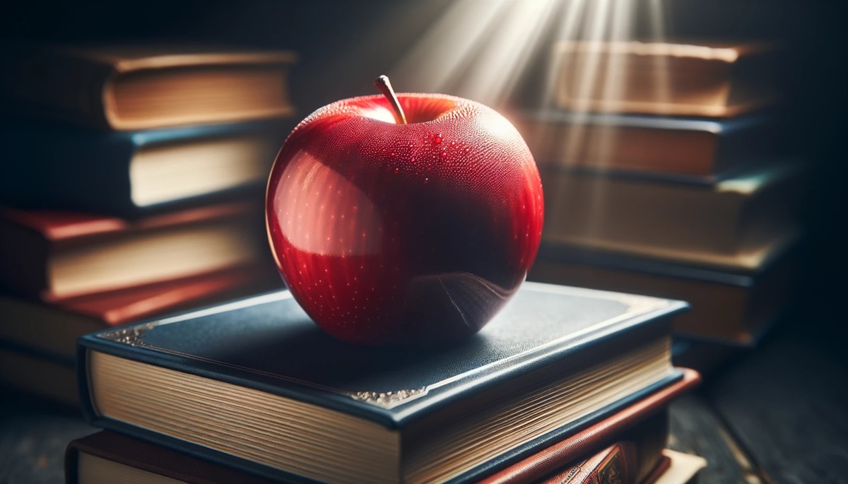 An apple sitting on a book.