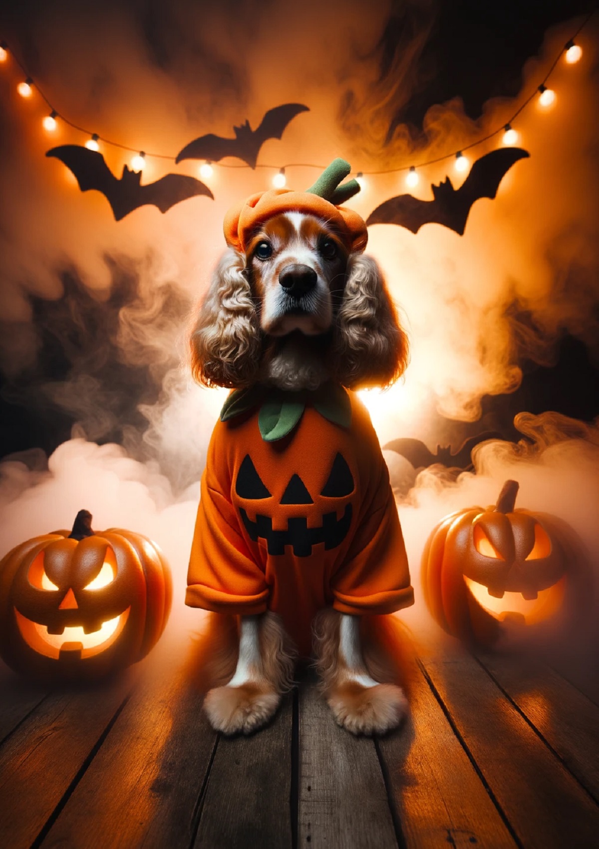 A dog in a cute Halloween costume. 