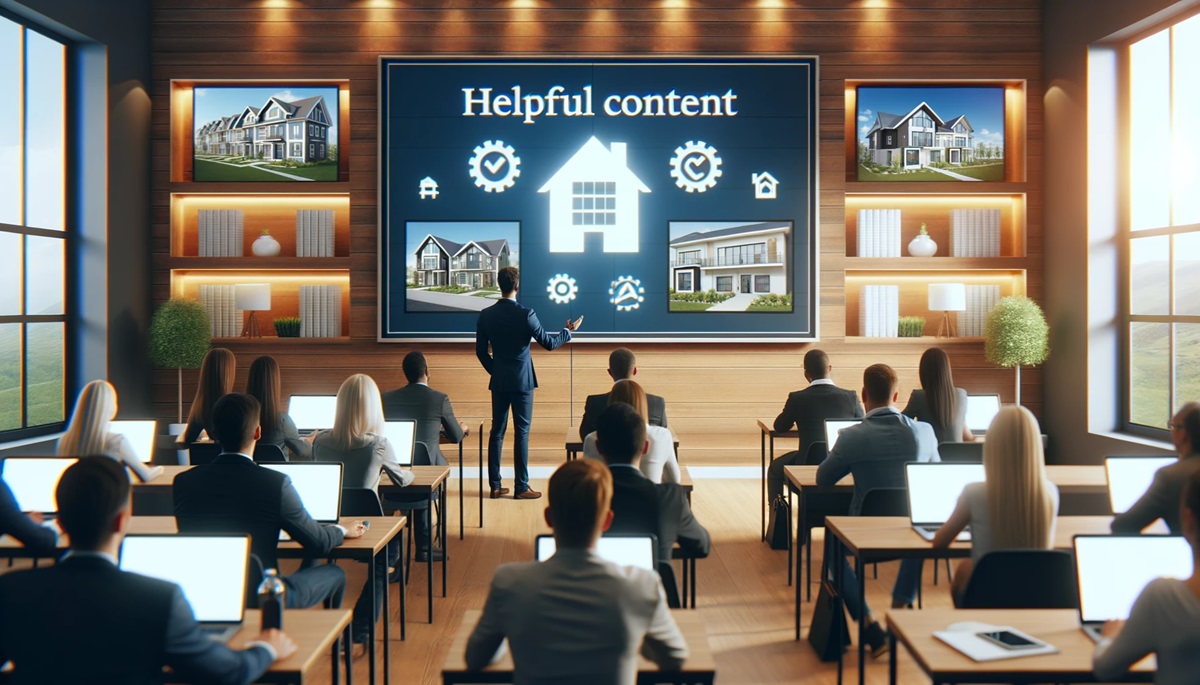A classroom with the teacher pointing to a board saying 'Helpful Content'.