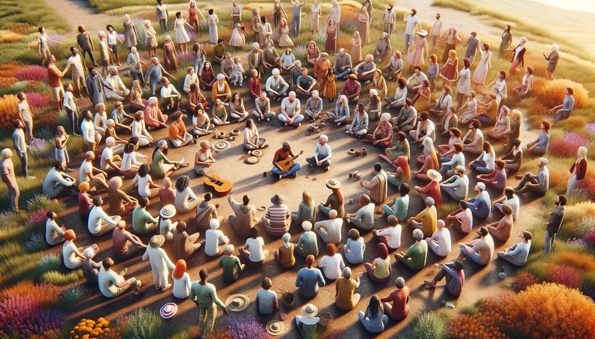 Rendering of a bunch of people circled around a man playing guitar.