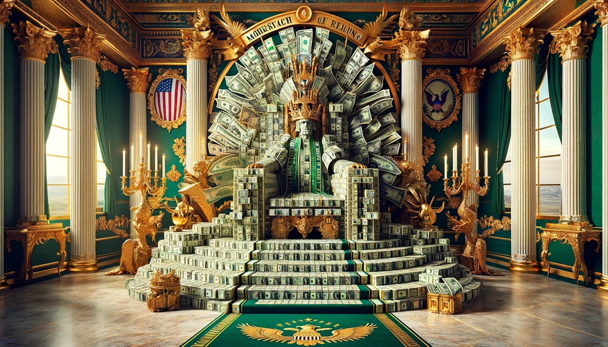 Rendering of a king made of cash.