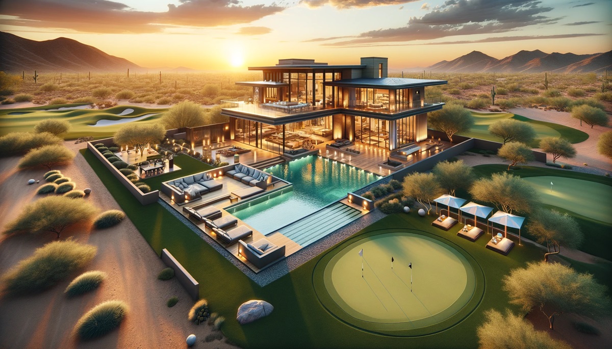 Rendering of a luxury home in a desert golf course setting.