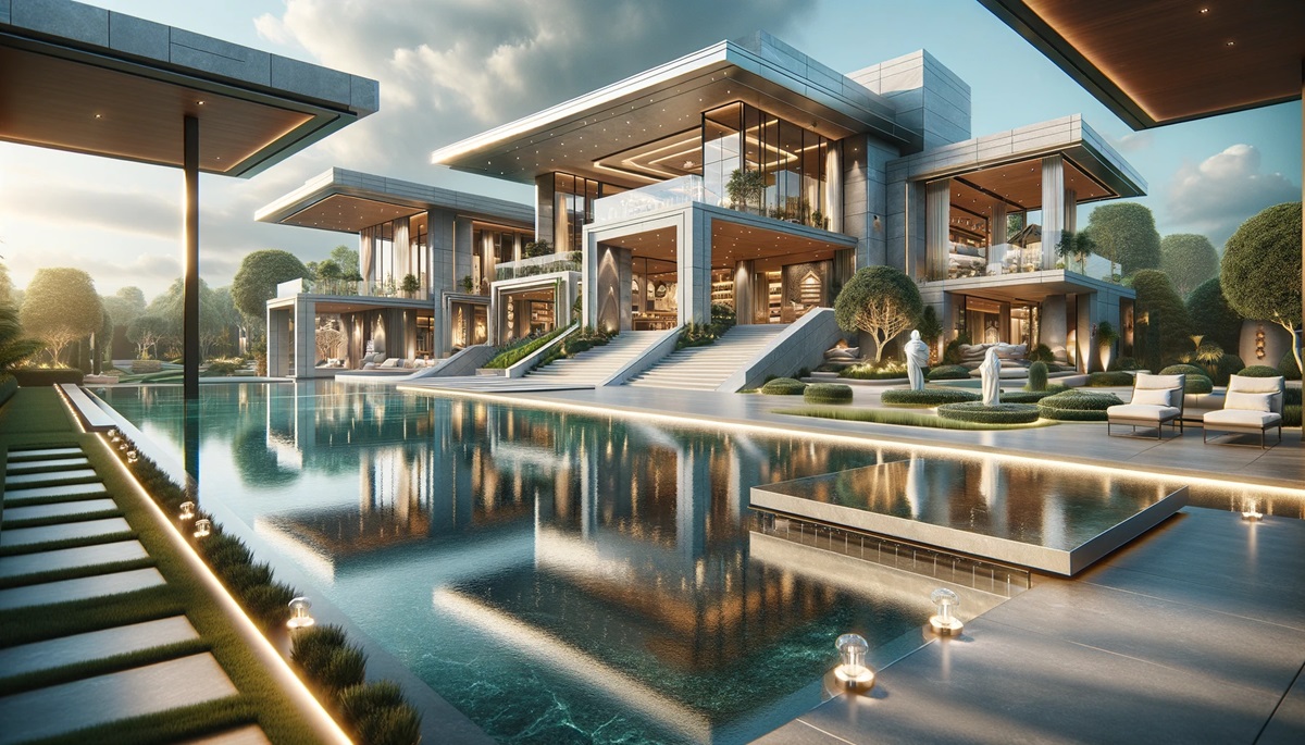 Rendering of a grand, luxury home.