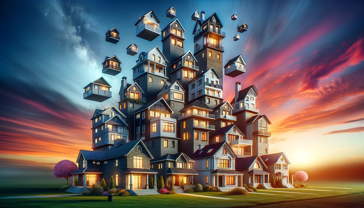 A bunch of houses rising into the sky.