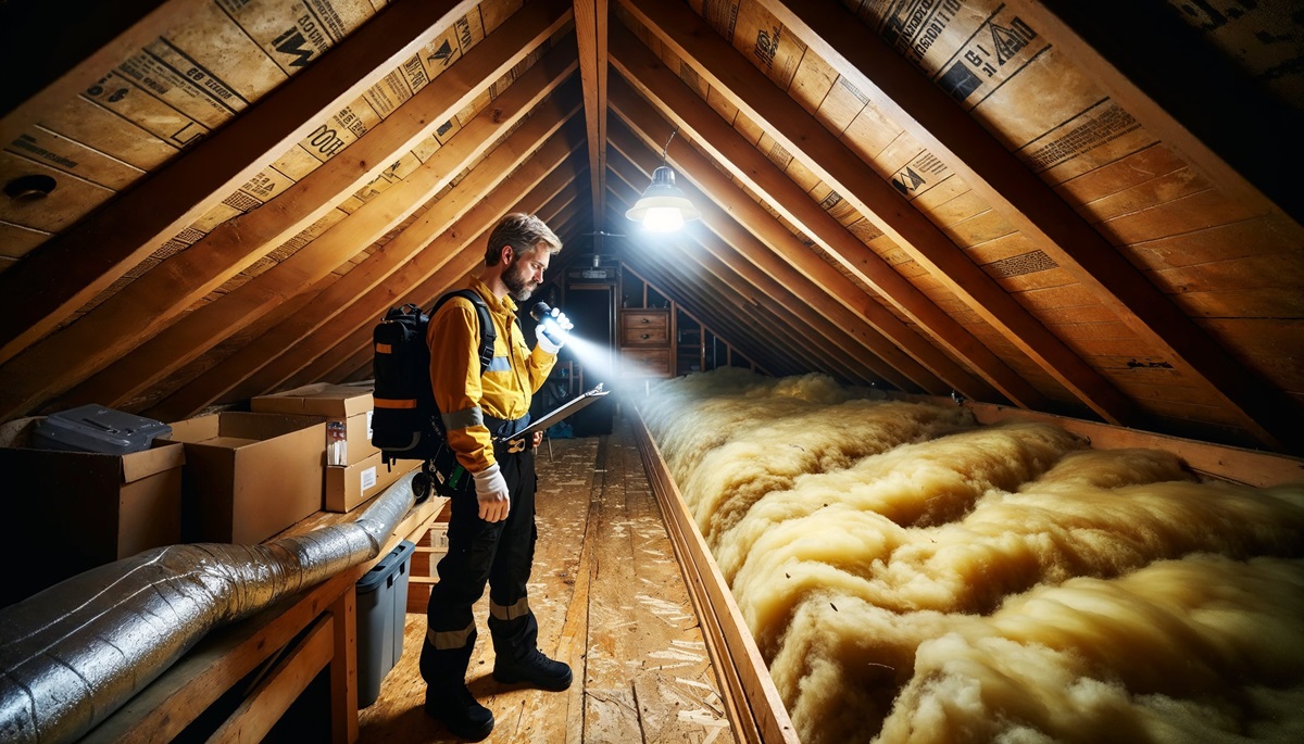 A home inspector checks in the attic.