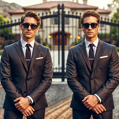 Celebrity bodyguards outside of a mansion.