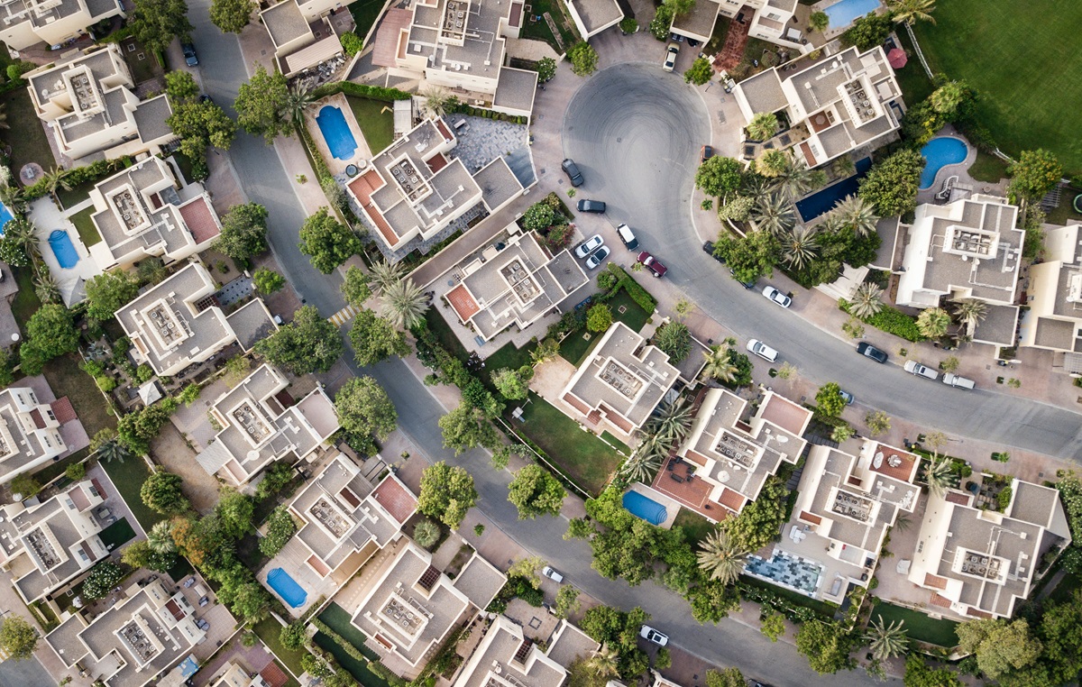 A top-down view of a neighborhood.