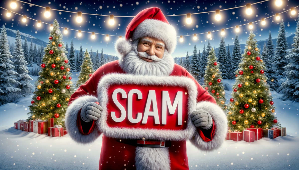 Rendering of Santa Clause holding a sign saying "Scam".