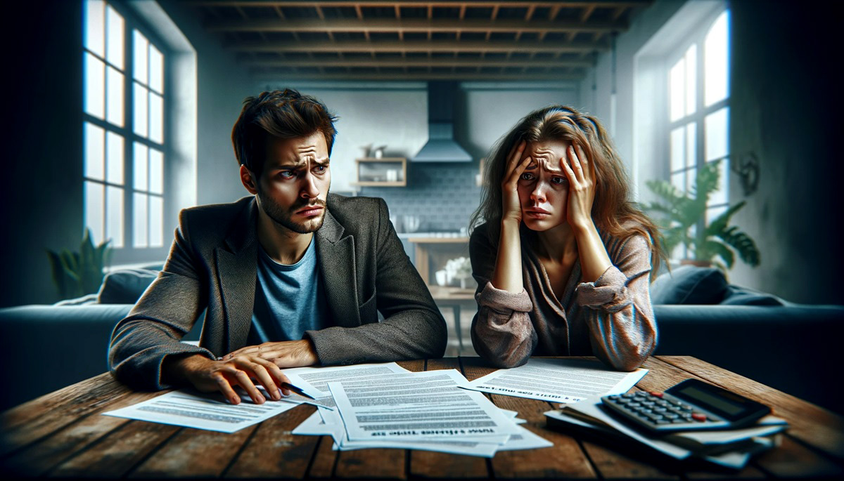 FSBO home sellers stressing over paperwork.