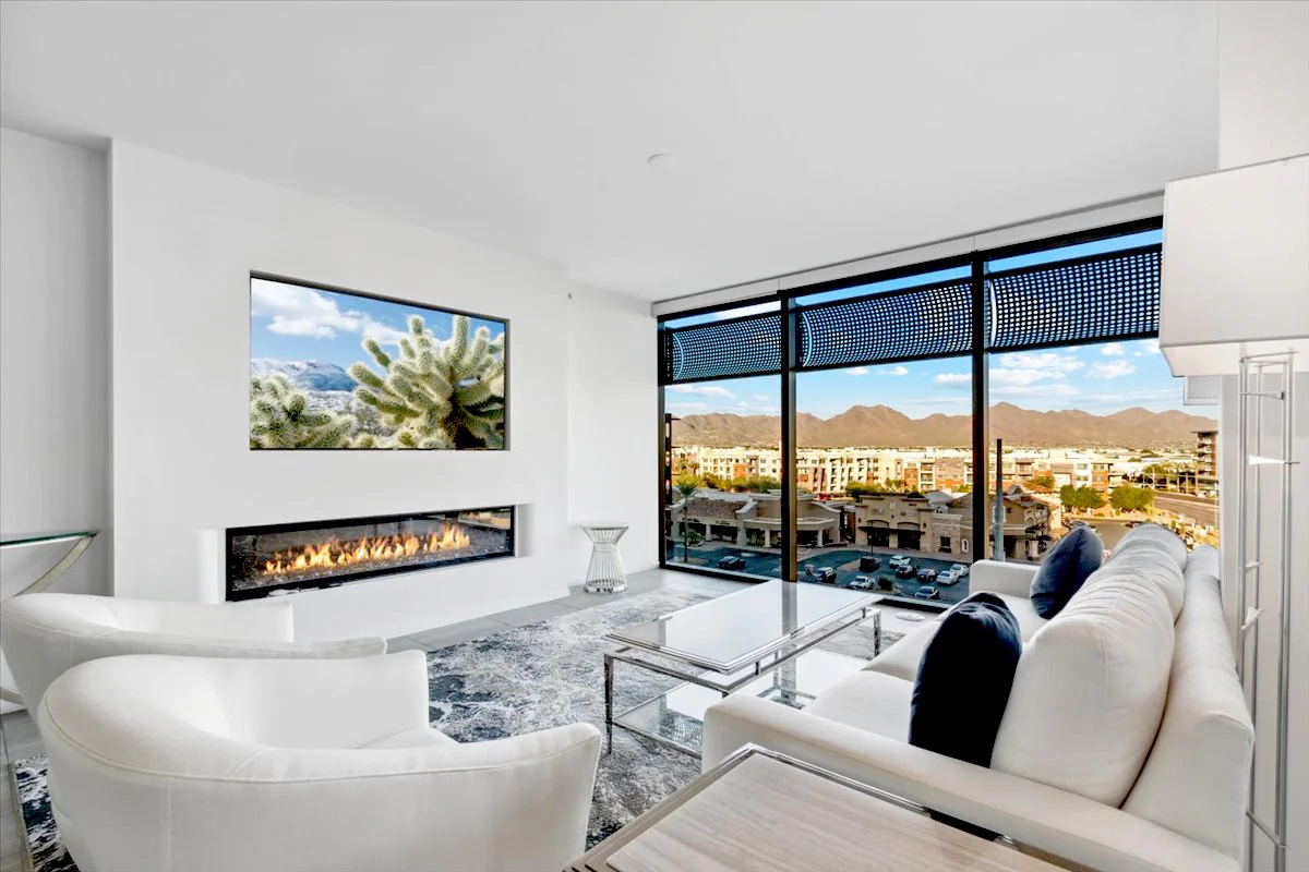 Fireplace and views from a unit at Optima Kierland.