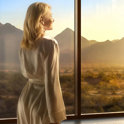 Rendering of a woman looking towards the McDowell Mountains.