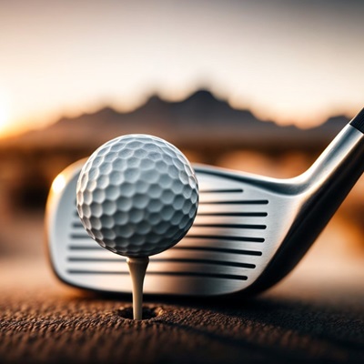 A golf club about to hit a golf ball with a desert mountain in the background.