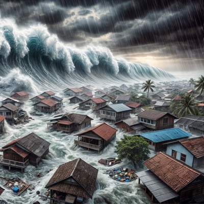 A tsunami knocking over homes.