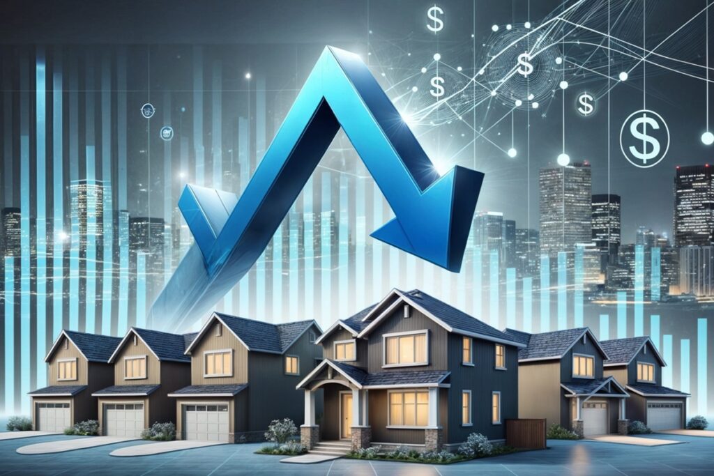 Houses with an interest rate arrow above them.