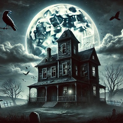 A haunted Victorian house in a graveyard under a full moon, with crows, bare trees, and gravestones.