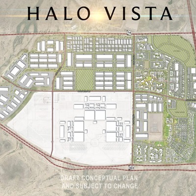 An aerial conceptual plan for "Halo Vista," a mixed-use development featuring clusters of rectangular and square buildings, roads, and green spaces. The layout shows various commercial, residential, and industrial areas with distinct zones separated by roadways, and green areas woven throughout. Labeled as a draft and subject to change.