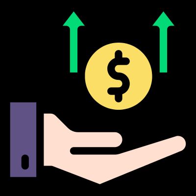 Illustration of a hand holding a dollar coin with green upward arrows, representing rising income or financial gain.