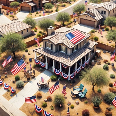 High-angle view of an Arizona neighborhood with homes decorated in red, white, and blue for election season.