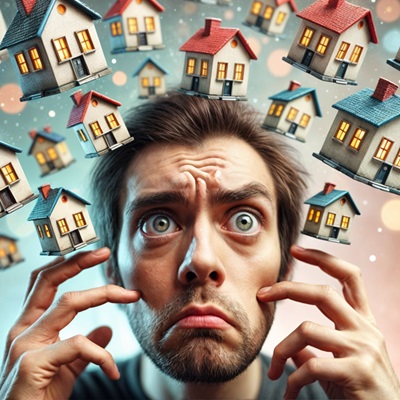 Close-up of a person's confused face with wide eyes and raised eyebrows, staring at several small, floating houses in front of them. The houses vary in size, adding a whimsical, surreal effect.
