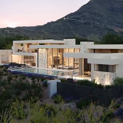 A modern luxury home with expansive glass walls, a sleek pool, and minimalist design, set against the scenic backdrop of Mummy Mountain at sunset.