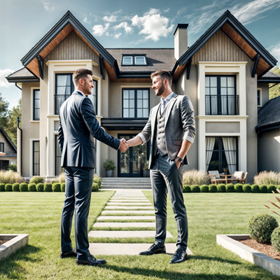A Realtor shakes hands with a home buyer in front of a new property.