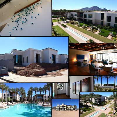 A collage of the Ritz-Carlton Paradise Valley, featuring luxury buildings under construction, lush gardens, a pristine pool with palm trees, and high-end interiors—where BBF and Aaron will dominate the world from.