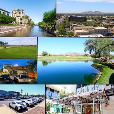 Collage of Scottsdale, Arizona images featuring luxury condos, suburban homes, a golf course, Pitch restaurant, luxury cars, and a stylish boutique