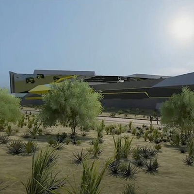 Rendering of the futuristic Axon Enterprise headquarters in North Scottsdale, featuring a sleek, spaceship-inspired design surrounded by desert landscaping and native vegetation.