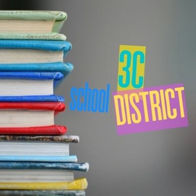 Stack of colorful books with a blurred background and the words "3C School District" written on top.