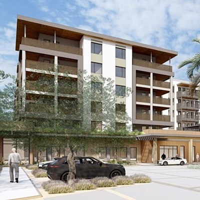 Rendering of Erickson Scottsdale senior living community entrance with palm trees, landscaped walkways, and a modern multi-story building.