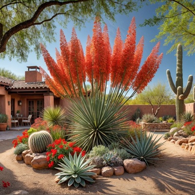Rendering of a Red Yucca in a desert landscaping environment.
