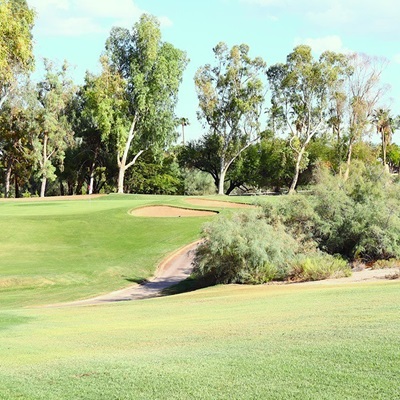 Golf fairway with sand bunker, lush greenery, and desert plants along the edges.
