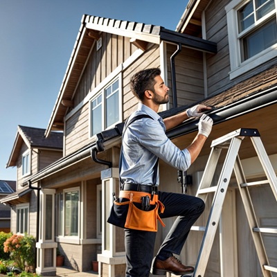 A home inspector carefully examines the roofline and gutters of a suburban home while standing on a ladder, wearing safety gear.