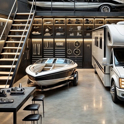 A high-end storage unit with a motorhome, speedboat, loft, and sleek shelving. Polished stairs and bright LED lighting create a modern, industrial look.