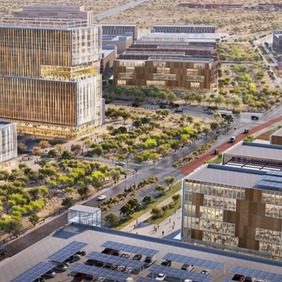 A render of Discovery Oasis in North Phoenix, featuring modern buildings, desert landscaping, and sustainable design across a 120-acre development.