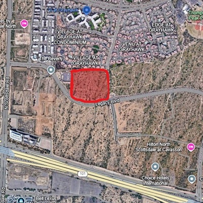 Close-up map of a 20-acre parcel outlined in red near Legacy Boulevard and Scottsdale Road, adjacent to developments like Cavasson and Grayhawk in North Scottsdale.