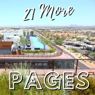Rooftop view of Optima Kierland with pool, green spaces, and cityscape with the words "21 More Pages" written over it.