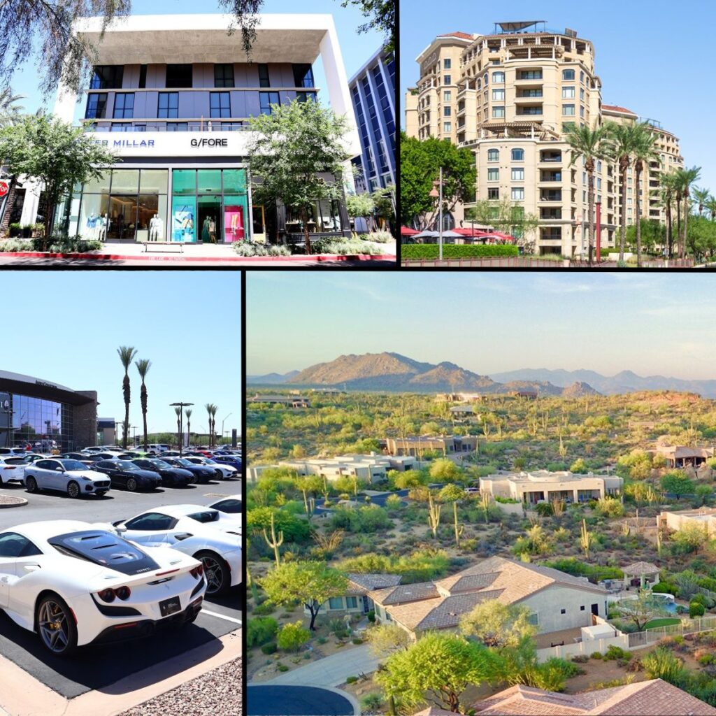 Collage of Scottsdale’s upscale lifestyle, featuring luxury boutiques, high-rise residences, a luxury car dealership, and scenic desert neighborhoods with mountain views.