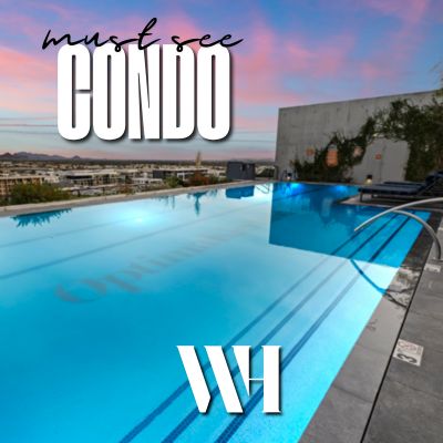 The rooftop pool at Optima Kierland seen at sunset.