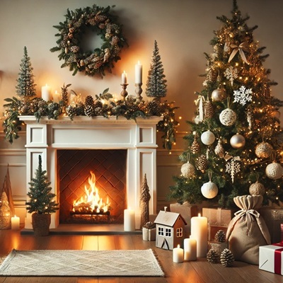 A cozy holiday-themed living room featuring a decorated fireplace with a garland and candles, a festive Christmas tree adorned with ornaments, and warm, inviting lighting.