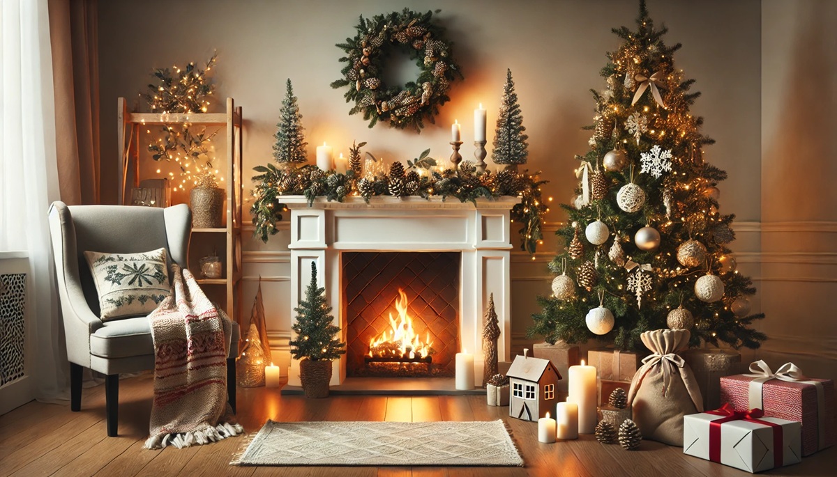 A cozy holiday-themed living room featuring a decorated fireplace with a garland and candles, a festive Christmas tree adorned with ornaments, and warm, inviting lighting.