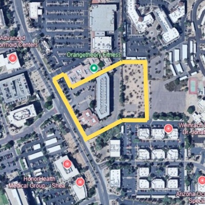 A top-down map view showing where Mercado Village is located in Scottsdale, Arizona.