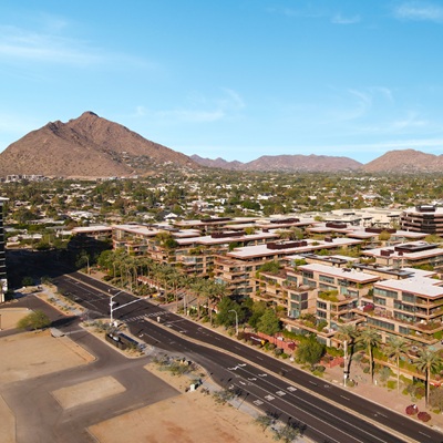 A drone photo of Optima Camelview Village in Old Town Scottsdale on a sunny day.