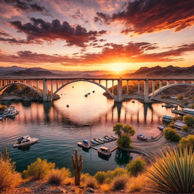 A rendering of Lake Havasu at sunset.