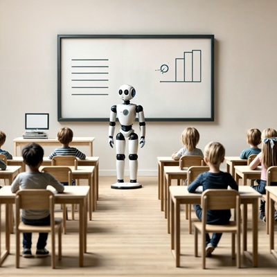 Rendering of a robot standing in front of a classroom.