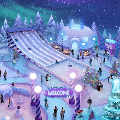 A snowy holiday-themed park featuring slides, igloos, snowmen, festive lights, and people enjoying various winter activities.